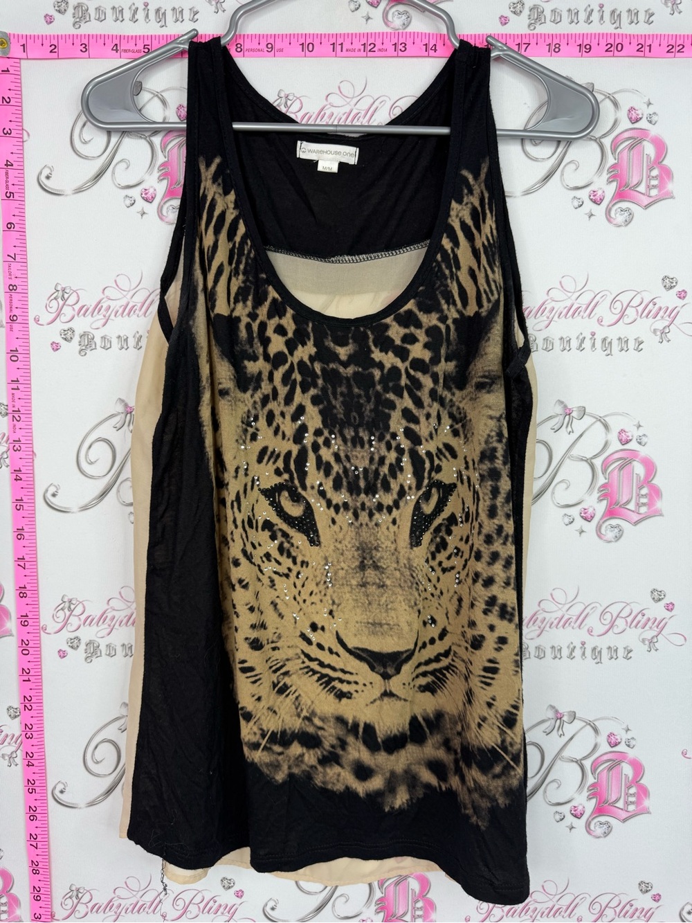 Warehouse one tank top rhinestone Leopard Face Tank Top — Black and Tan